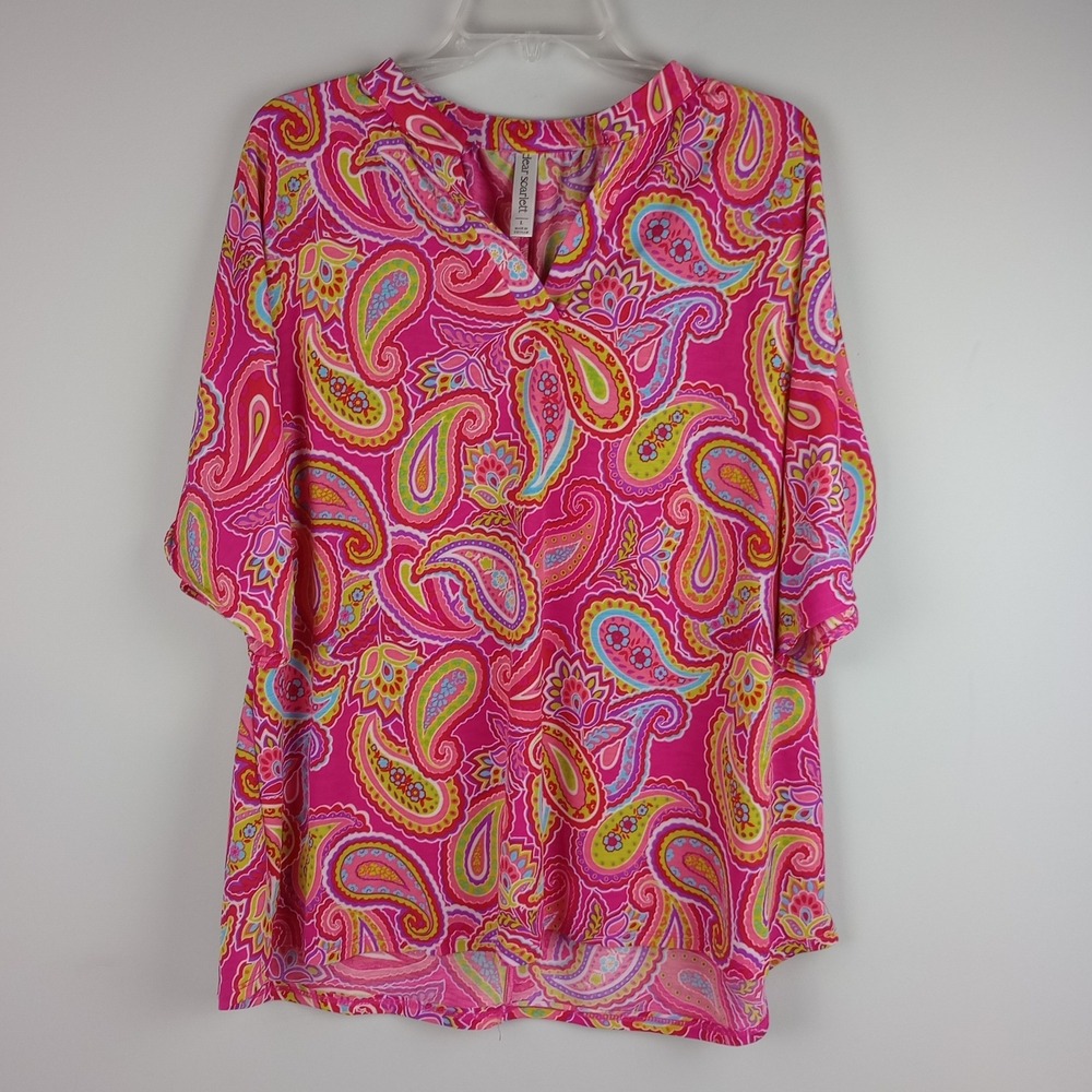 Dear Scarlett Womens L Pink Paisley Short Sleeve Casual Summer Lizbreeze Blouse